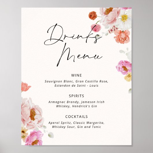Kleurrijke Bloemen Drinken Menu Vrijgezellenfeest Poster (Voorkant)