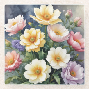 Kleurrijke Bloemen Elegante Aquarel Schildering Glazen Onderzetter
