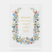Kleurrijke Bloemen Elegante Gouden Huwelijk Welkom Acryl Bord (Voorkant)