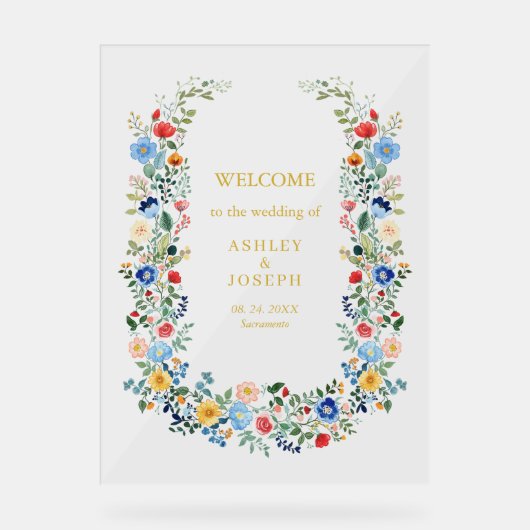 Kleurrijke Bloemen Elegante Gouden Huwelijk Welkom Acryl Bord (Voorkant)