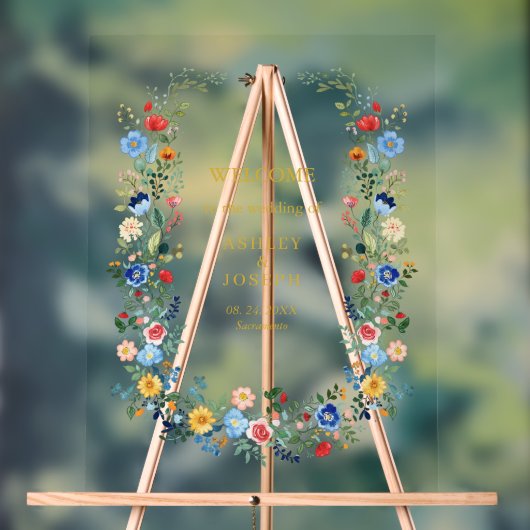 Kleurrijke Bloemen Elegante Gouden Huwelijk Welkom Acryl Bord (Neutraal)