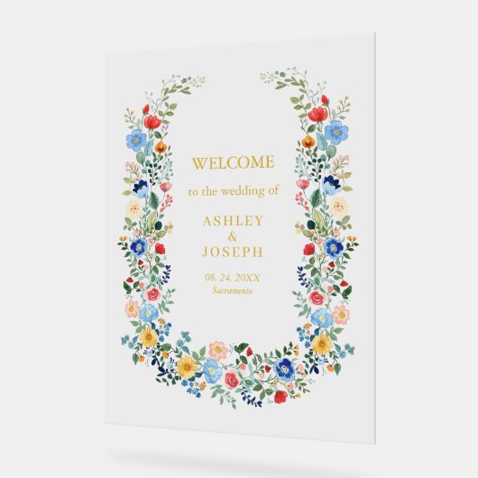 Kleurrijke Bloemen Elegante Gouden Huwelijk Welkom Acryl Bord (Hoek)