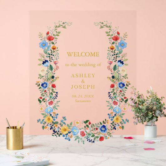 Kleurrijke Bloemen Elegante Gouden Huwelijk Welkom Acryl Bord (Huwelijk)