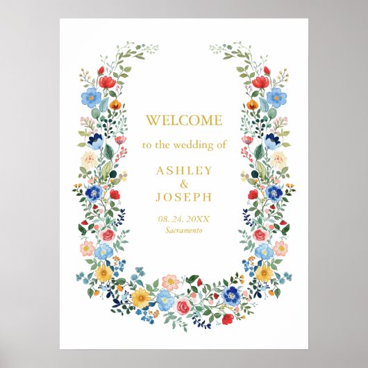Kleurrijke Bloemen Elegante Gouden Huwelijk Welkom Poster (Voorkant)