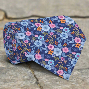 Kleurrijke Bloemen En Blad Op Donkerblauwe Achterg Stropdas