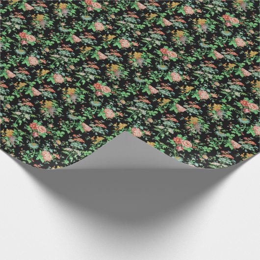 KLEURRIJKE BLOEMEN EN BLADEREN DONKERBLOEMIG ZWART CADEAUPAPIER (Hoek)