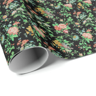 KLEURRIJKE BLOEMEN EN BLADEREN DONKERBLOEMIG ZWART CADEAUPAPIER