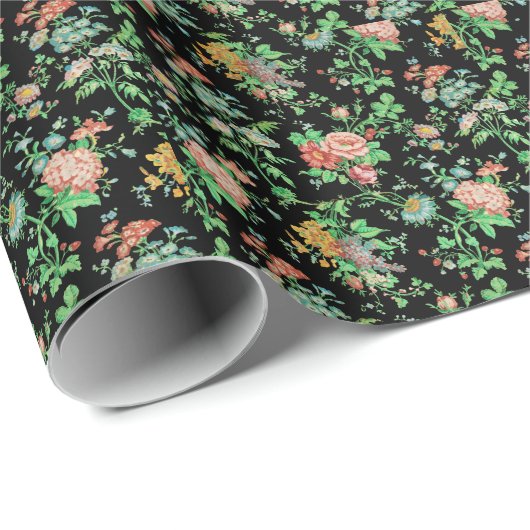 KLEURRIJKE BLOEMEN EN BLADEREN DONKERBLOEMIG ZWART CADEAUPAPIER (Rol Hoek)