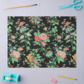 KLEURRIJKE BLOEMEN EN BLADEREN DONKERBLOEMIG ZWART TISSUEPAPIER (Craft)