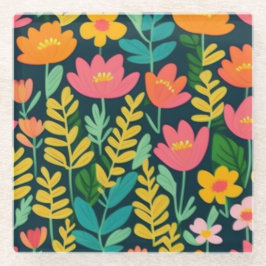 Kleurrijke bloemen en bladeren glazen onderzetter