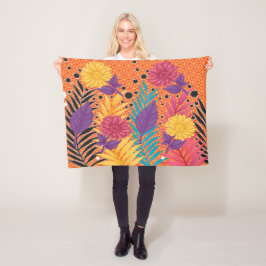 Kleurrijke bloemen en bladeren op een zwarte achte fleece deken