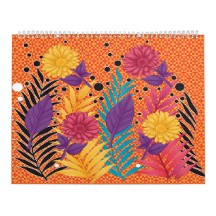 Kleurrijke bloemen en bladeren op een zwarte achte kalender