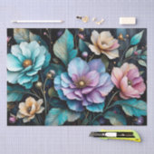 Kleurrijke bloemen en bladeren zwarte achtergrond  tissuepapier (Craft)