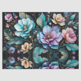 Kleurrijke bloemen en bladeren zwarte achtergrond tissuepapier