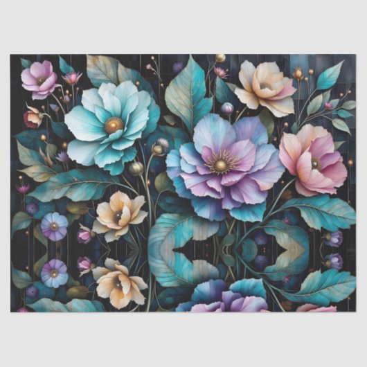 Kleurrijke bloemen en bladeren zwarte achtergrond tissuepapier (Voorkant)