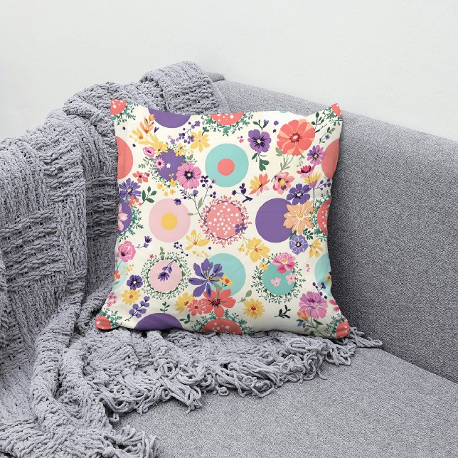 Kleurrijke Bloemen en Geometrische  Boho Patroon Kussen (Creator heeft geüpload)