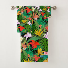 Kleurrijke bloemen en palmenbladeren op zwart bad handdoek