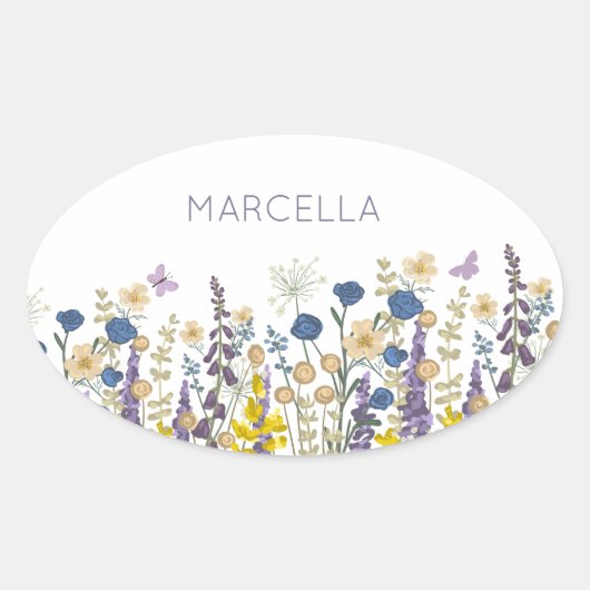 Kleurrijke bloemen en vlinders Custom Name Ovale Sticker (Voorkant)