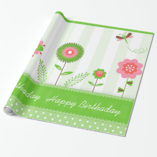 Kleurrijke bloemen en vlinders- Happy Birthday Cadeaupapier