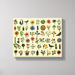Kleurrijke bloemen en vogels canvas afdruk
