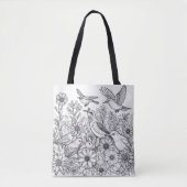 Kleurrijke bloemen en vogels op een kleurplaat tote bag (Voorkant)