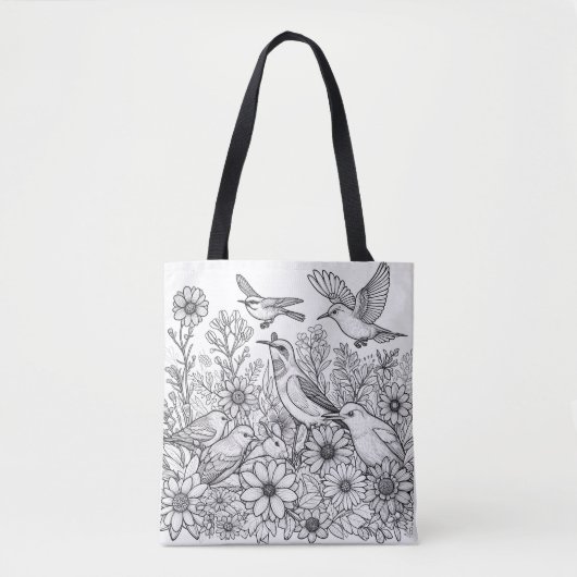 Kleurrijke bloemen en vogels op een kleurplaat tote bag (Voorkant)