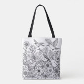 Kleurrijke bloemen en vogels op een kleurplaat tote bag (Achterkant)