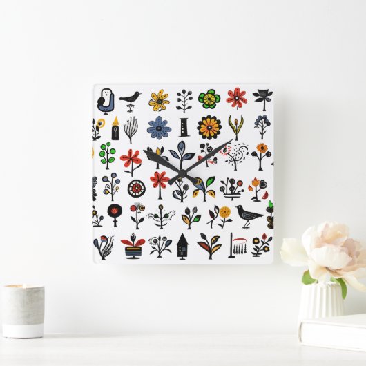 Kleurrijke bloemen en vogels vierkante klok (Huis)