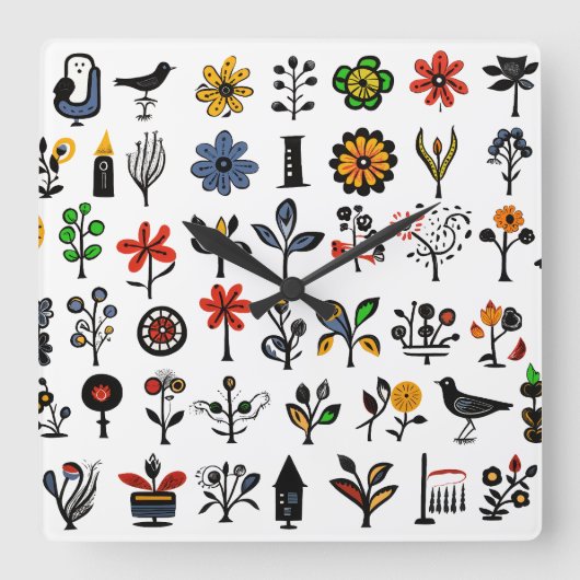 Kleurrijke bloemen en vogels vierkante klok (Voorkant)