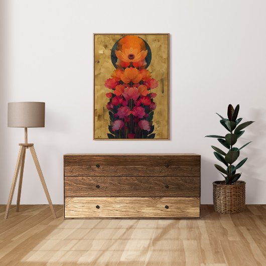 Kleurrijke bloemen en volle maan schilderen poster