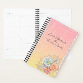 Kleurrijke bloemen en witte kant planner
