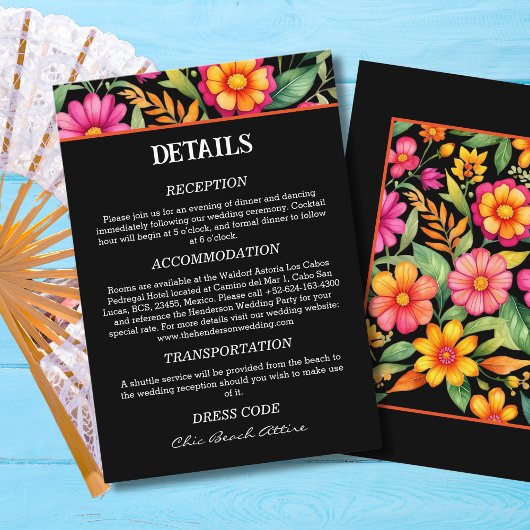 Kleurrijke bloemen Fiesta Mexicaanse bruiloft Deta Informatiekaartje