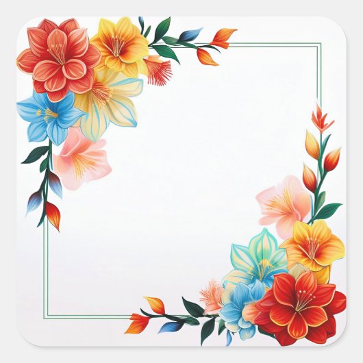 Kleurrijke Bloemen Frame Vierkante Sticker (Voorkant)