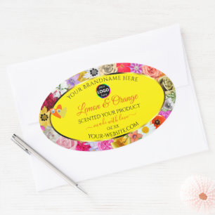 Kleurrijke Bloemen Geel Productlabels Hartjes Logo Ovale Sticker