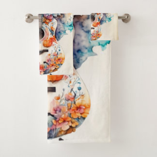 Kleurrijke bloemen gitaar muziek instrument elegan bad handdoek