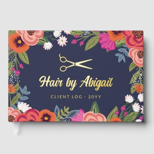 Kleurrijke Bloemen Gouden Schaar Haarsalon Gastenboek (Voorkant)