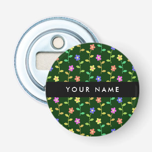 Kleurrijke Bloemen, Groene Achtergrond, Zwart Button Flesopener