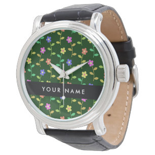 Kleurrijke Bloemen, Groene Achtergrond, Zwart Horloge