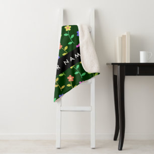 Kleurrijke Bloemen, Groene Achtergrond, Zwart Sherpa Deken