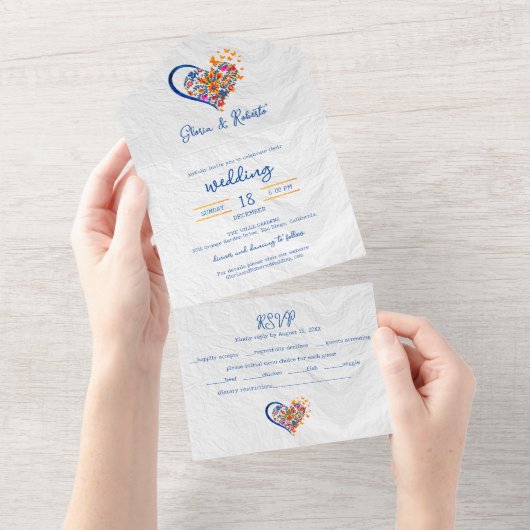 Kleurrijke Bloemen Hart Mexicaanse bruiloft All In One Uitnodiging (Afscheurbaar)