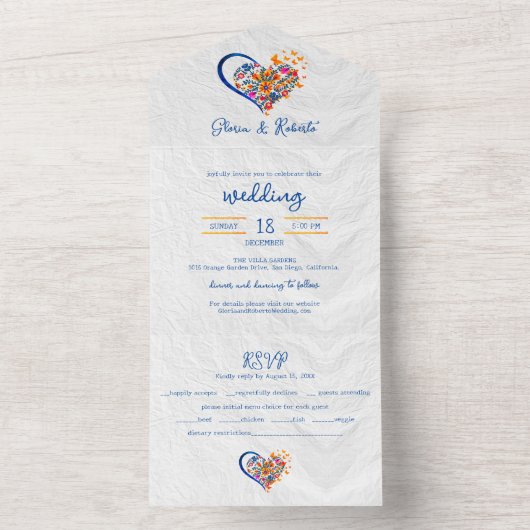Kleurrijke Bloemen Hart Mexicaanse bruiloft All In One Uitnodiging (Binnen)