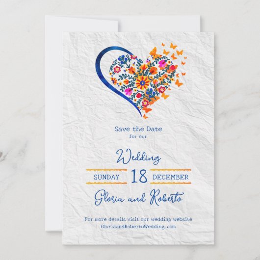 Kleurrijke Bloemen Hart Mexicaanse bruiloft Save D Kaart (Voorkant)