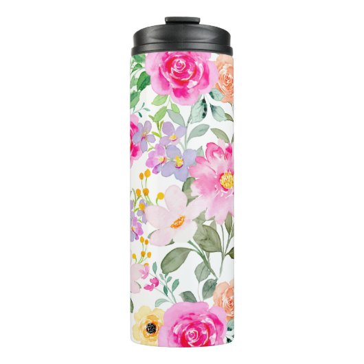 Kleurrijke Bloemen Heet Roze Thermosbeker (Voorkant)
