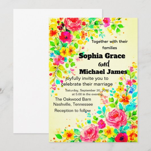 Kleurrijke Bloemen Huwelijksuitnodiging | Waterver Kaart (Voorkant / Achterkant)