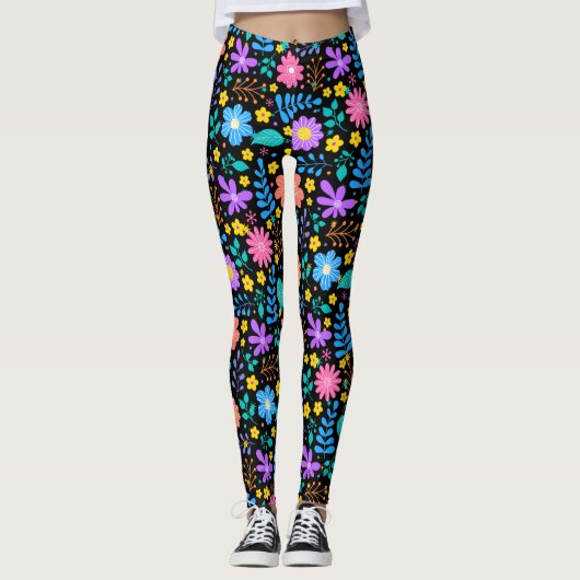 Kleurrijke bloemen in sprankelende sterren patroon leggings (Voorkant)