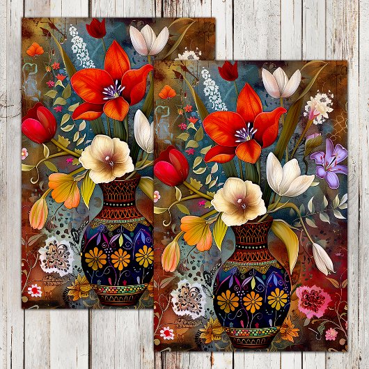 KLEURRIJKE BLOEMEN IN VAAS DECOUPAGE TISSUEPAPIER