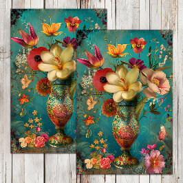 KLEURRIJKE BLOEMEN IN VAAS DECOUPAGE TISSUEPAPIER