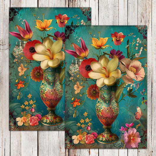 KLEURRIJKE BLOEMEN IN VAAS DECOUPAGE TISSUEPAPIER