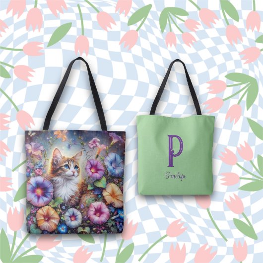 Kleurrijke Bloemen Kat Custom Monogram Tote Bag