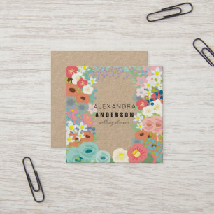 Kleurrijke Bloemen Kraft Papier Vierkante Visiteka Vierkante Visitekaartje